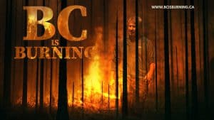 A man stands amid burning trees in a raging forest fire. Large text on the left reads "BC IS BURNING," highlighting the crisis, with "www.bcisburning.ca" displayed in the top right corner for more information.