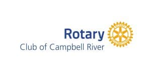 Rotary Club of Campbell River logo with a yellow Rotary International gear symbol on the right and blue text on a white background, supporting Building Character On Stage Theatre Camp.