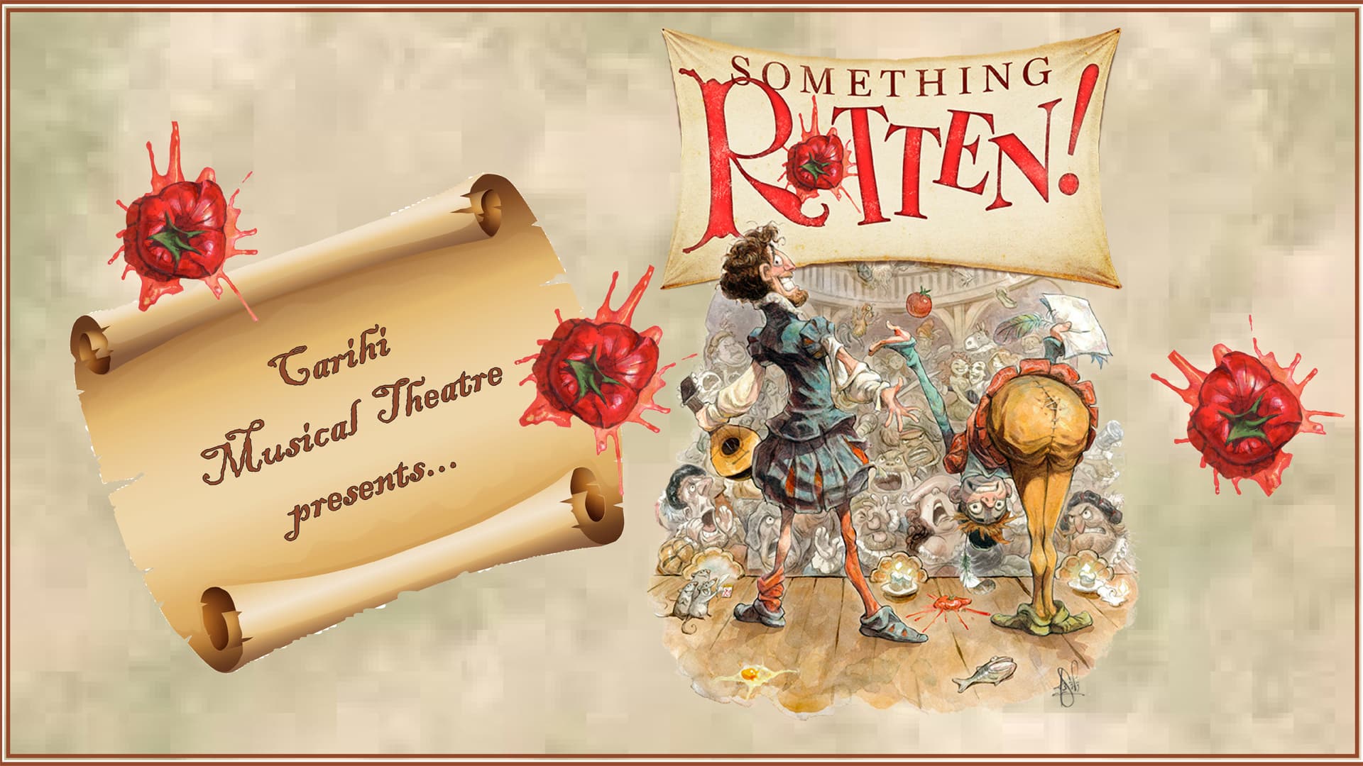 A scroll reads "Carlit Musical Theatre presents..." next to artwork of a stage with lively characters and the title "Something Rotten!" above, setting a festive, comedic atmosphere perfect for fans of the outrageous musical Something Rotten.