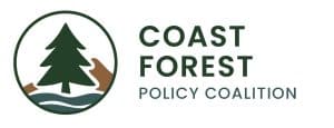 Logo for Coast Forest Policy Coalition, featuring a green pine tree within a circular border, brown and green land forms, and blue wavy lines representing water—highlighting the urgency as BC is burning—with the organization name in bold green letters.