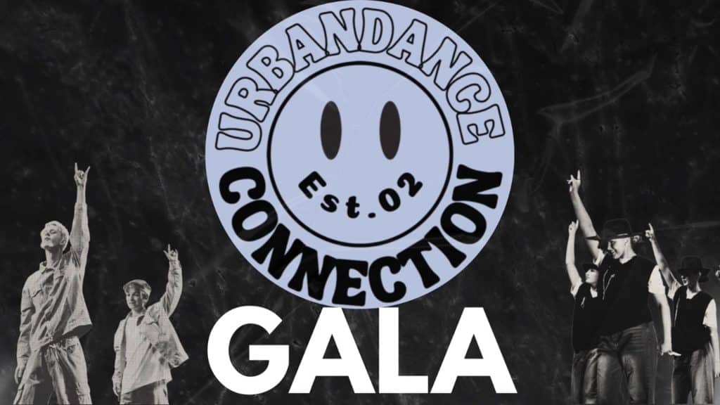 A large round logo reading “Urbandance Connection Est. 02” overlays a black background with four dancers posing. The word "GALA" is in bold white letters at the bottom.