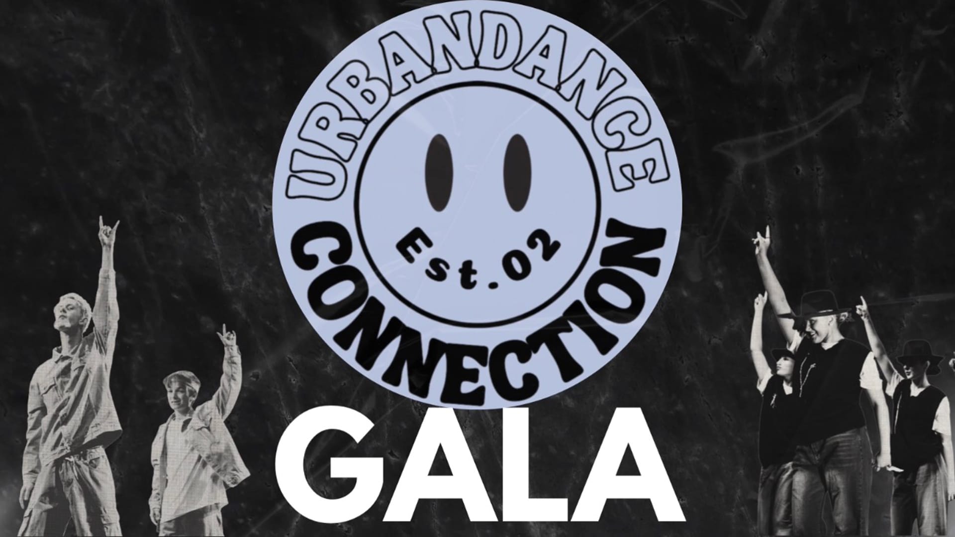 A large round logo reading “Urbandance Connection Est. 02” overlays a black background with four dancers posing. The word "GALA" is in bold white letters at the bottom.