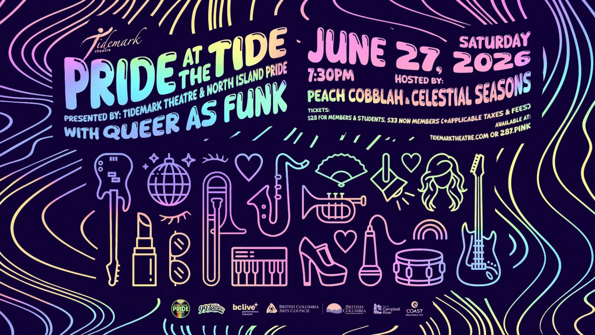 Colorful poster with neon outlines of musical instruments, hearts, stars, and drinks. "Pride at the Tide with Queer as Funk, June 27, 2026, 7:30pm," hosted by Peach Cobbblah & Celestial Seasons. Celebrate Pride at the Tide—details included!.