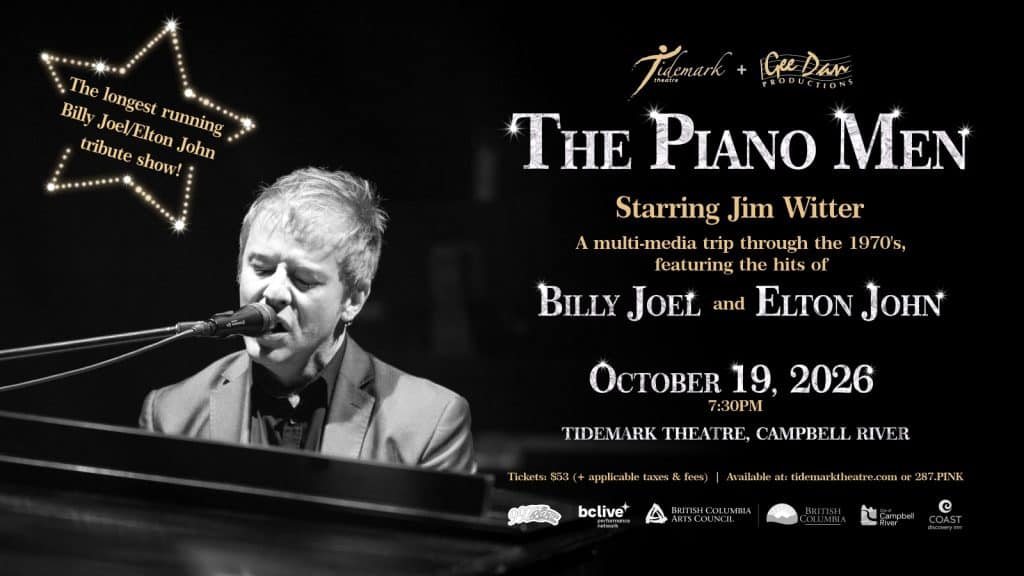 A black-and-white promotional poster for "The Piano Men" concert showcases Jim Witter playing piano and singing, with event details and logos. The text highlights a tribute to Billy Joel and Elton John by jim witter piano men on October 19, 2026.