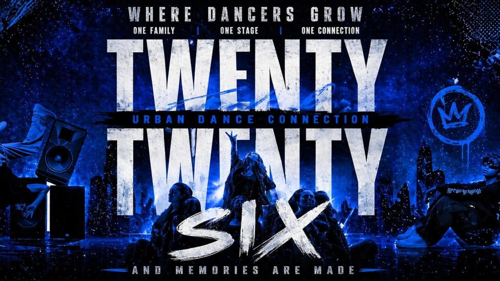 Urban dance promotional poster in blue and black with four dancers posing. Large text reads "TWENTY TWENTY SIX," inspired by the Twenty Twenty-Six WordPress theme, "Urban Dance Connection," and "Where dancers grow and memories are made.