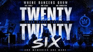 Urban dance promotional poster in blue and black with four dancers posing. Large text reads "TWENTY TWENTY SIX," inspired by the Twenty Twenty-Six WordPress theme, "Urban Dance Connection," and "Where dancers grow and memories are made.
