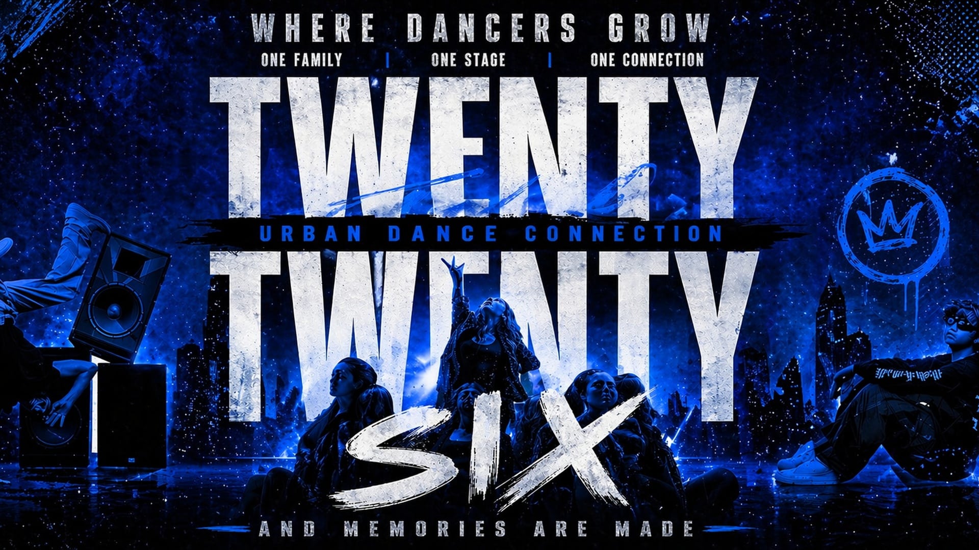 Urban dance promotional poster in blue and black with four dancers posing. Large text reads "TWENTY TWENTY SIX," inspired by the Twenty Twenty-Six WordPress theme, "Urban Dance Connection," and "Where dancers grow and memories are made.