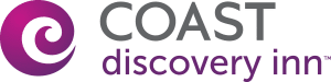 Logo for Coast Discovery Inn featuring a purple circular swirl design on the left and the text "COAST discovery inn" to the right, with "COAST" in gray and "discovery inn" in purple—perfect for promotional or sponsorship materials.