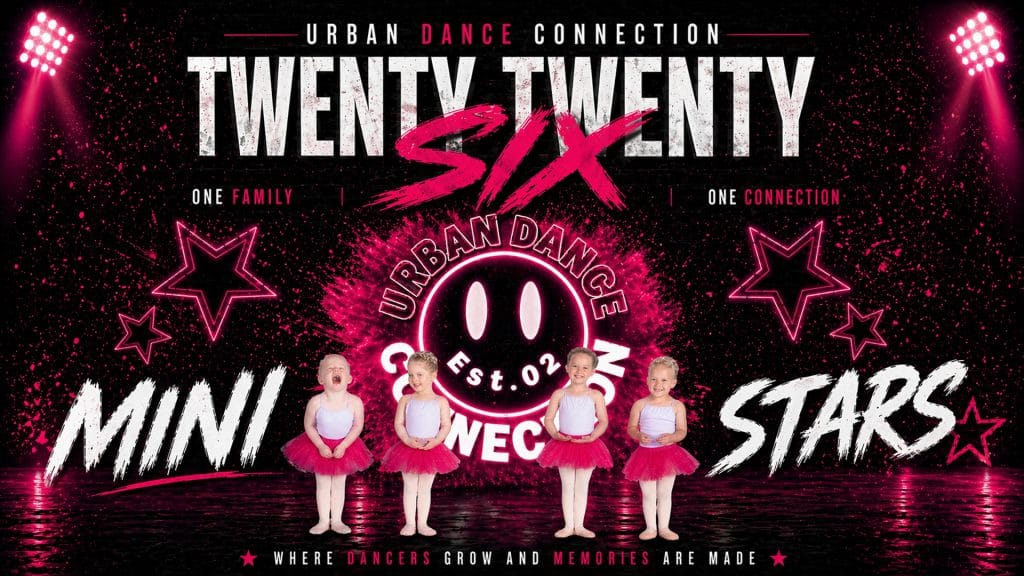 Five young children in pink tutus and white tops stand in a line on stage with "Urban Dance Connection Twenty Twenty Six Mini Stars" written in bold text, surrounded by pink lights, stars, and a logo.