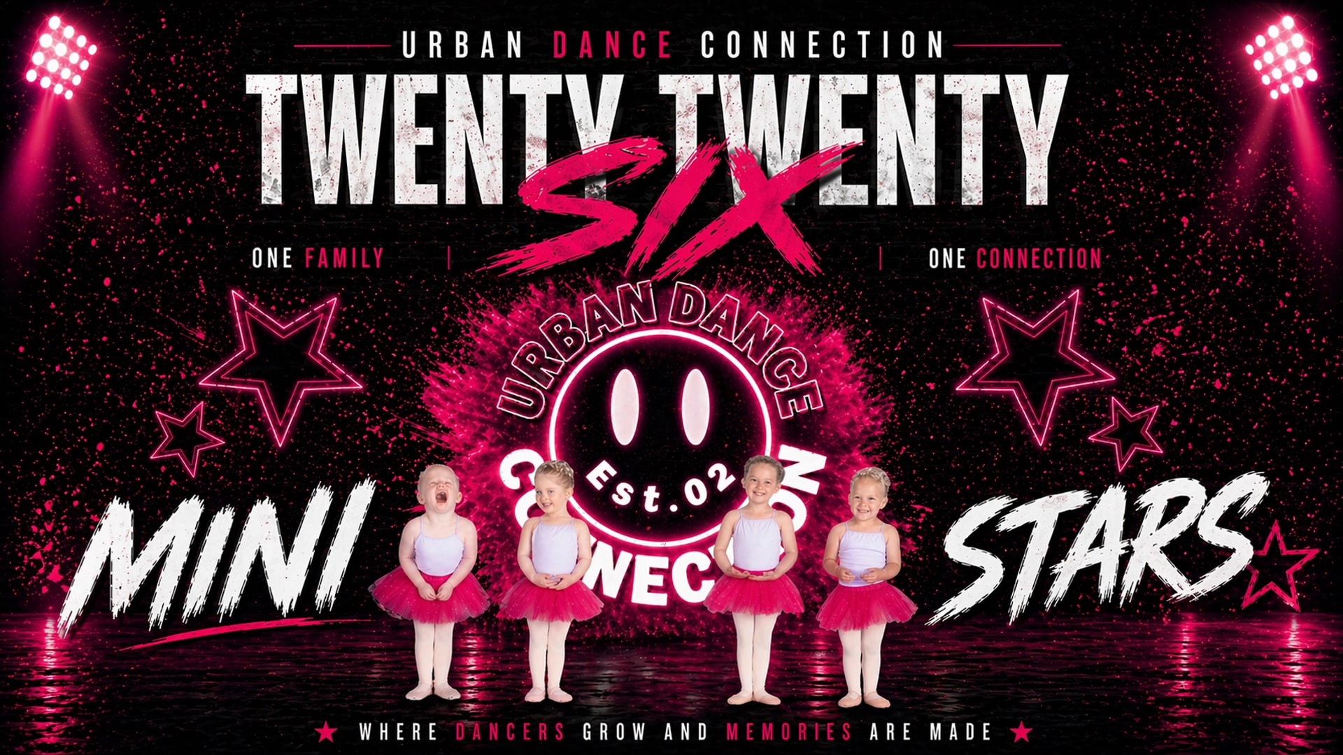 Five young children in pink tutus and white tops stand in a line on stage with "Urban Dance Connection Twenty Twenty Six Mini Stars" written in bold text, surrounded by pink lights, stars, and a logo.