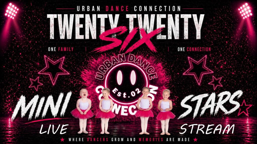 Five young children in pink tutus stand in a row on stage with a sparkling background that reads "Urban Dance Connection Twenty Twenty Six Mini Stars Live Stream," perfectly capturing the excitement of the mini stars live stream event. Pink stars and spotlights frame the image.
