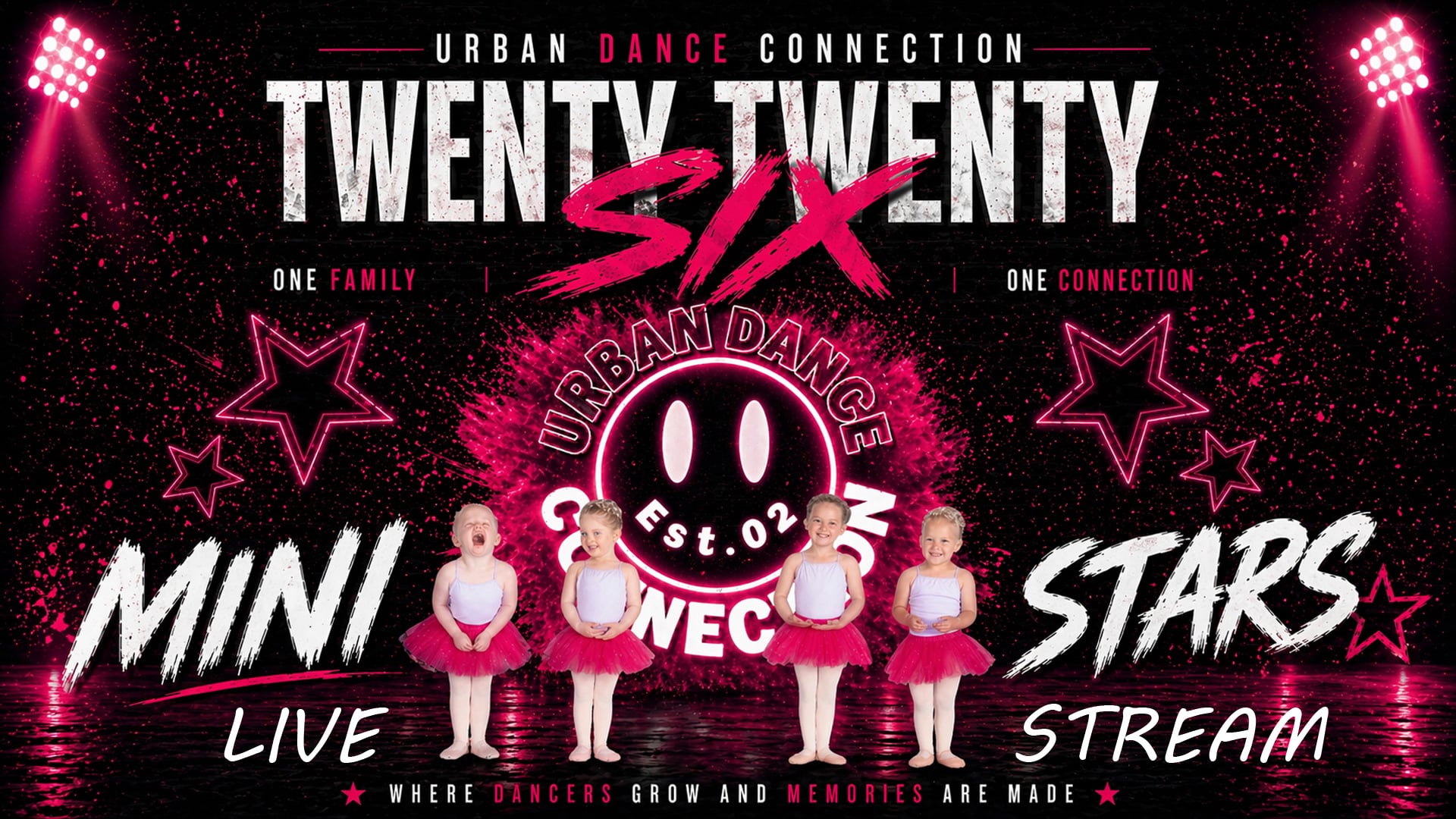 Five young children in pink tutus stand in a row on stage with a sparkling background that reads "Urban Dance Connection Twenty Twenty Six Mini Stars Live Stream," perfectly capturing the excitement of the mini stars live stream event. Pink stars and spotlights frame the image.