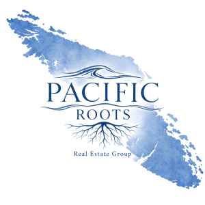 Logo for Pacific Roots Real Estate Group, featuring blue watercolor art shaped like Vancouver Island, stylized waves above "Pacific," tree roots below "Roots," and a clean, elegant font