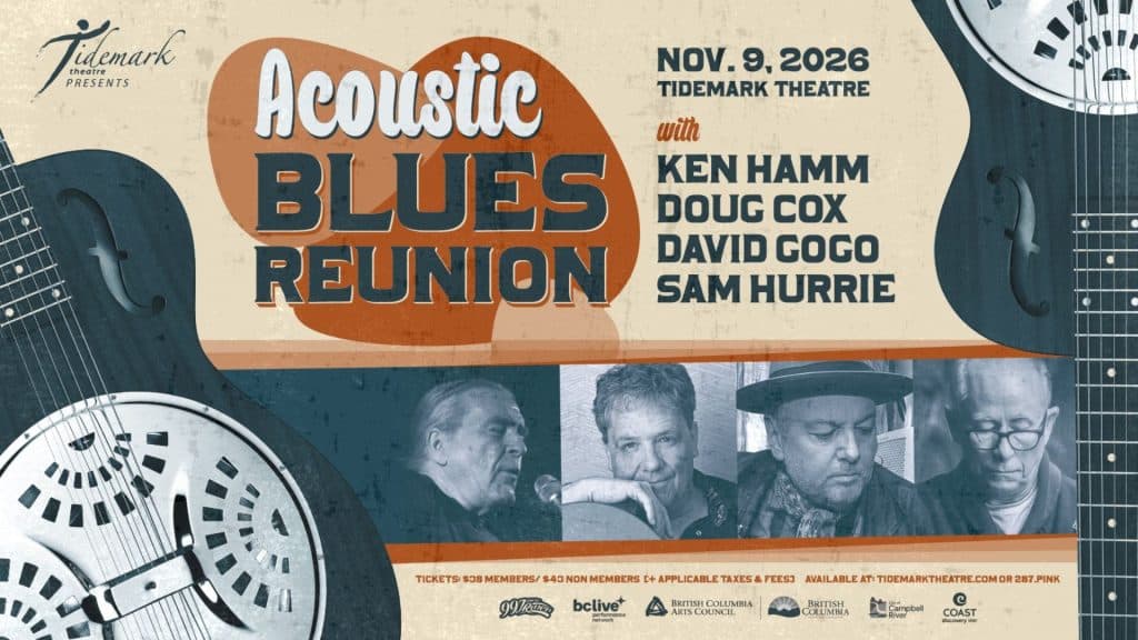 Concert poster for the Acoustic Blues Reunion on Nov. 9, 2026, at Tidemark Theatre, featuring Ken Hamm, Doug Cox, David Gogo, and Sam Hurrie with images of the musicians and resonator guitars in the background.