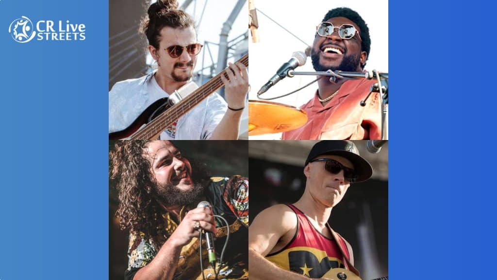 A collage of four musicians performing on stage, each holding instruments or a microphone, smiling and wearing sunglasses. The CR Live Streets logo is in the upper left corner on a blue background, capturing the energy of this reggae event.