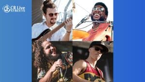 A collage of four musicians performing on stage, each holding instruments or a microphone, smiling and wearing sunglasses. The CR Live Streets logo is in the upper left corner on a blue background, capturing the energy of this reggae event.