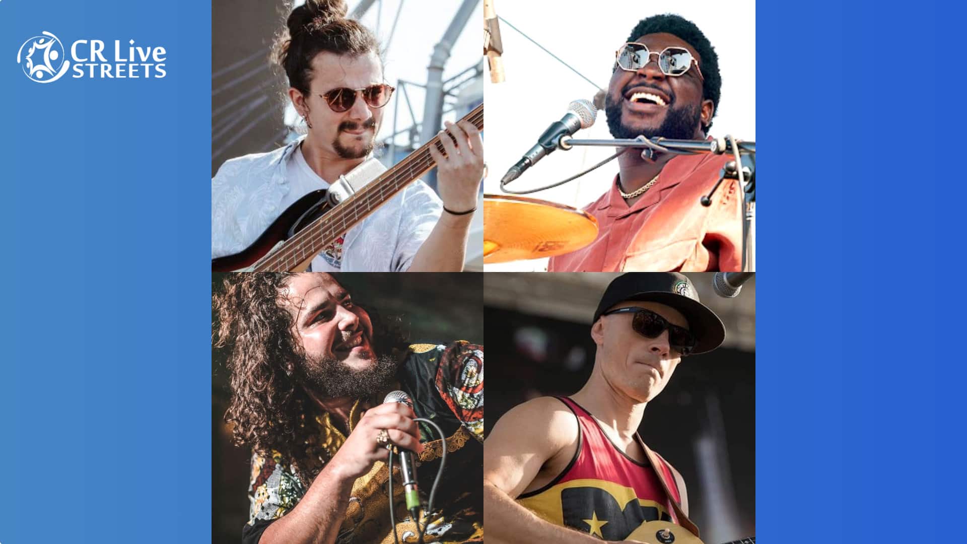 A collage of four musicians performing on stage, each holding instruments or a microphone, smiling and wearing sunglasses. The CR Live Streets logo is in the upper left corner on a blue background, capturing the energy of this reggae event.