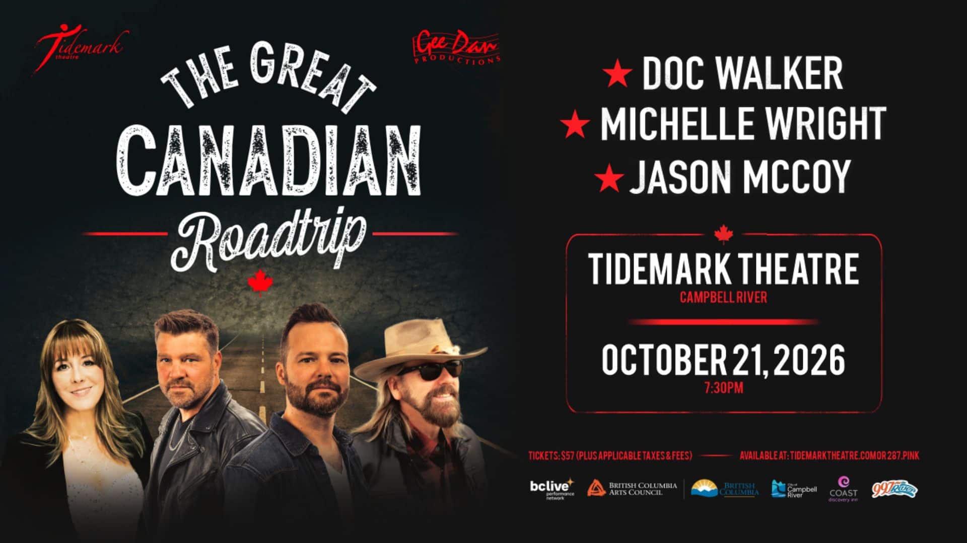 Promotional poster for the great canadian roadtrip featuring Doc Walker, Michelle Wright, and Jason McCoy at Tidemark Theatre, Campbell River, on October 21, 2026, at 7:30 PM, with images of the performers.