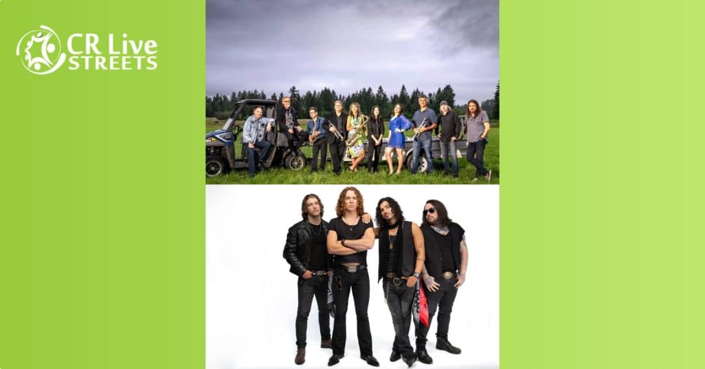 Two bands are pictured: a large mixed-gender group outdoors in a grassy field, and four men in black against a white background. The "CR Live Streets" logo and Local Lineup highlight these standout musical acts on the left.