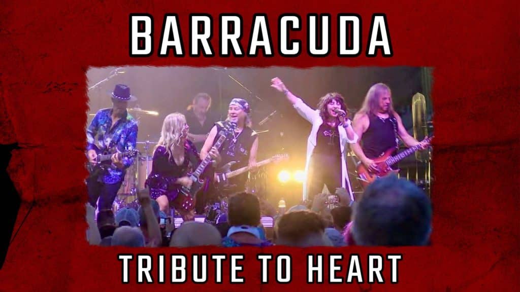 A band performs energetically on stage with guitars and microphones. The image reads “BARRACUDA TRIBUTE TO HEART” on a red background, showcasing the powerful spirit of Barracuda as they pay homage to Heart’s legendary music.