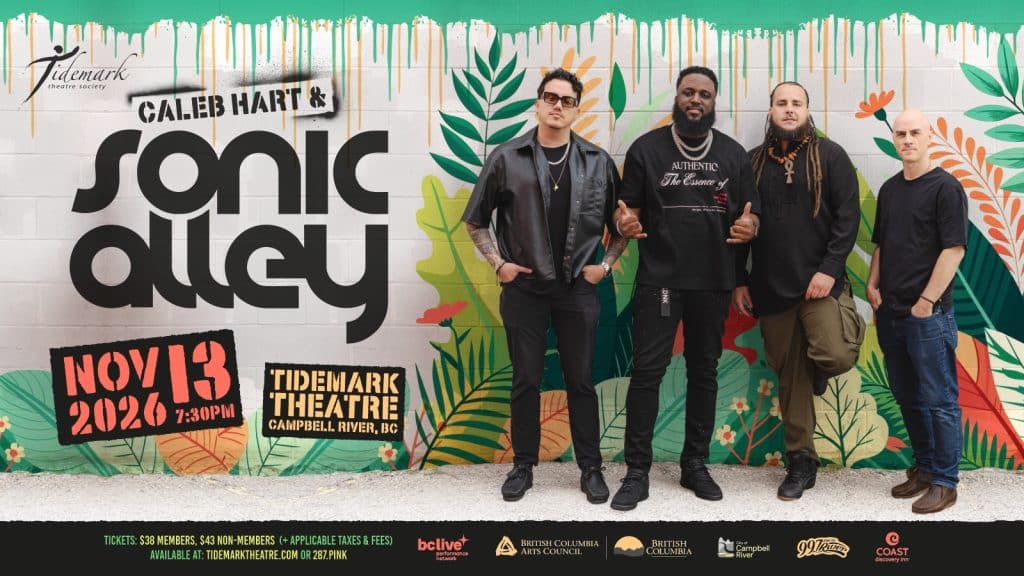 Four men stand in front of a colorful, illustrated foliage backdrop promoting a "Caleb Hart with Sonic Alley" concert at Tidemark Theatre on November 13, 2026, at 7:30 PM.