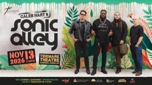 Four men stand in front of a colorful, illustrated foliage backdrop promoting a "Caleb Hart with Sonic Alley" concert at Tidemark Theatre on November 13, 2026, at 7:30 PM.