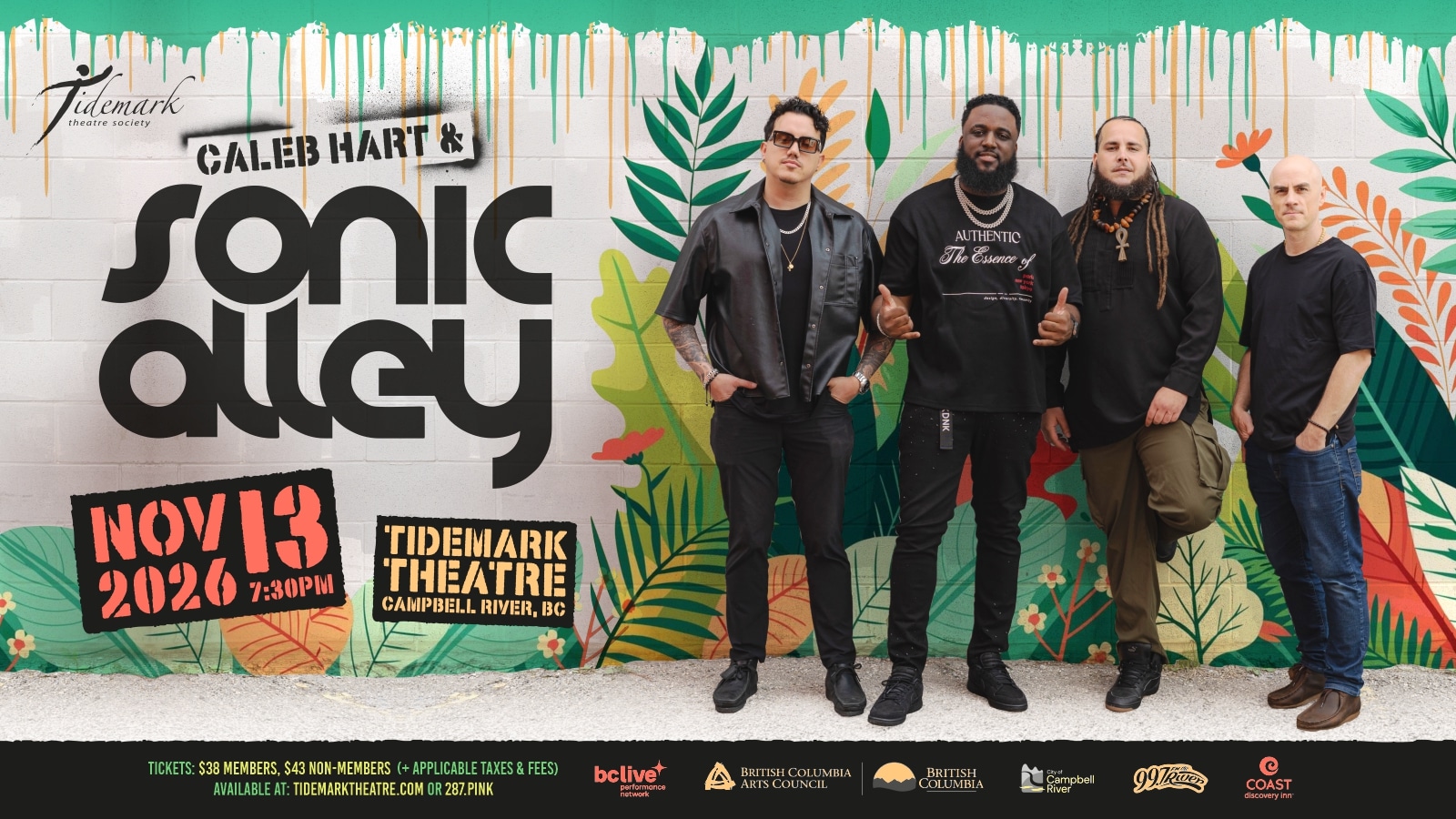 Four men stand in front of a colorful, illustrated foliage backdrop promoting a "Caleb Hart with Sonic Alley" concert at Tidemark Theatre on November 13, 2026, at 7:30 PM.