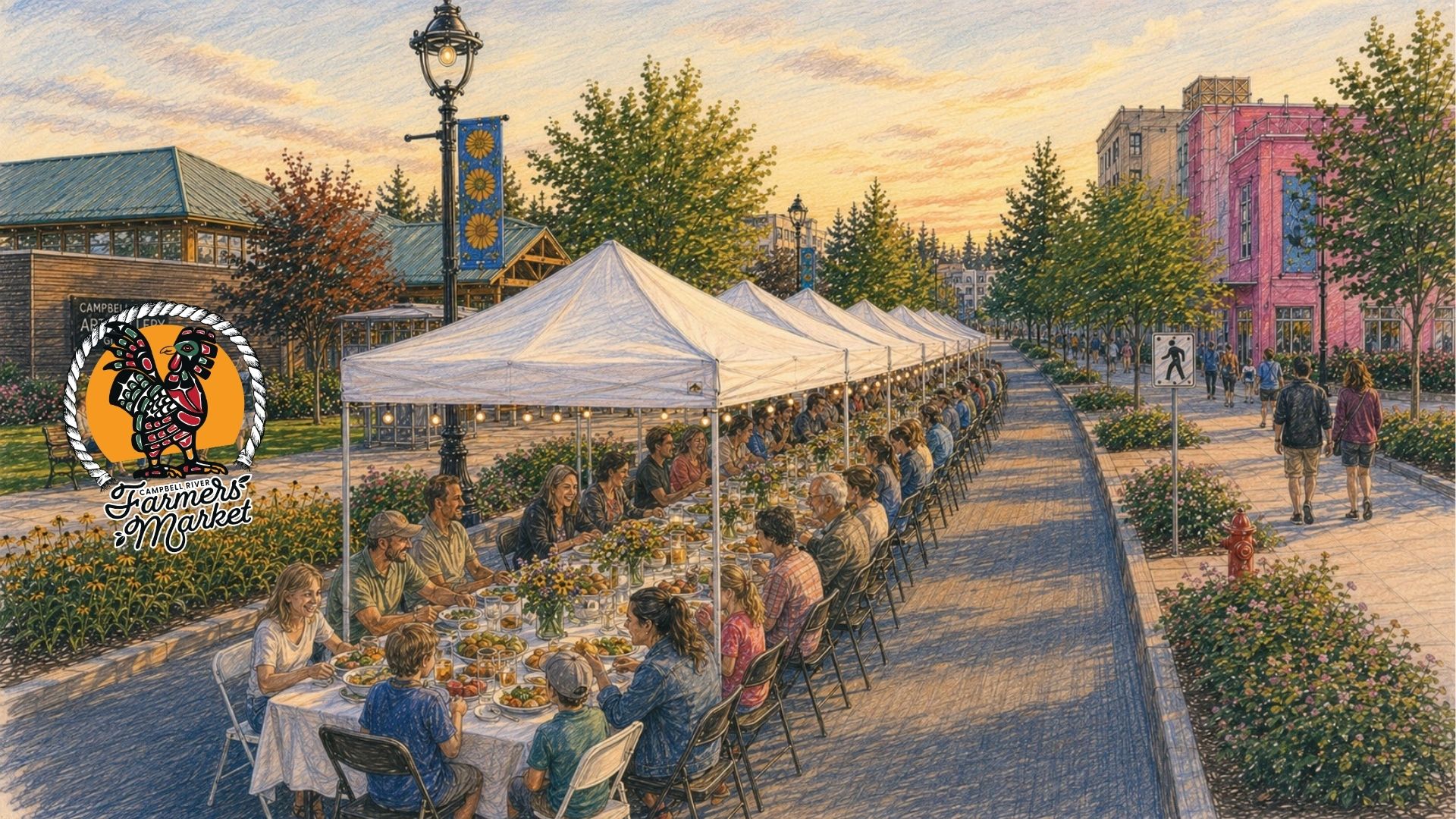 People gather for a festive Community Dinner at a long outdoor table under white tents on a tree-lined street at sunset. A colorful Farmers Market logo is on the left, celebrating its 25th Anniversary. Flowers and buildings border the lively street, creating a warm and inviting atmosphere.