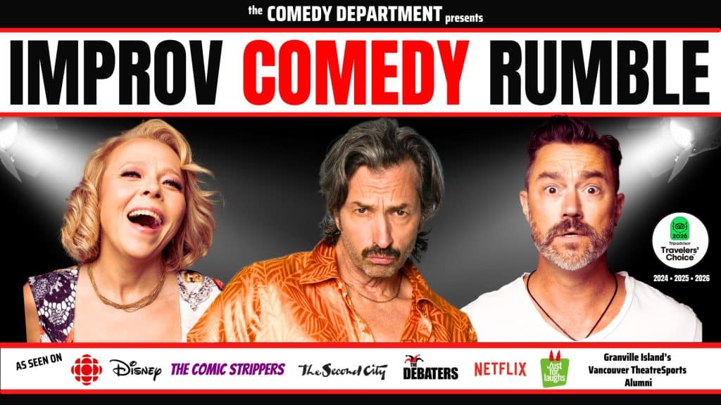 Three comedians stand under spotlights with expressive faces, ready for an epic improv rumble. Text reads “IMPROV COMEDY RUMBLE” and logos below note features on CBC, Disney, Netflix, and others. A dynamic promotional image for an unmissable improv comedy show.