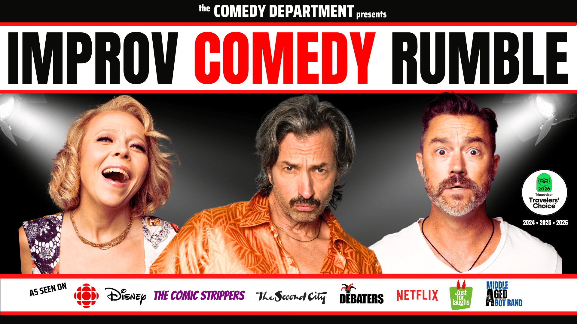 Three performers with comedic expressions are featured under the banner “IMPROV COMEDY RUMBLE” by The Comedy Department, capturing the lively spirit of this improv comedy rumble event. Sponsor and media logos appear at the bottom of the image.