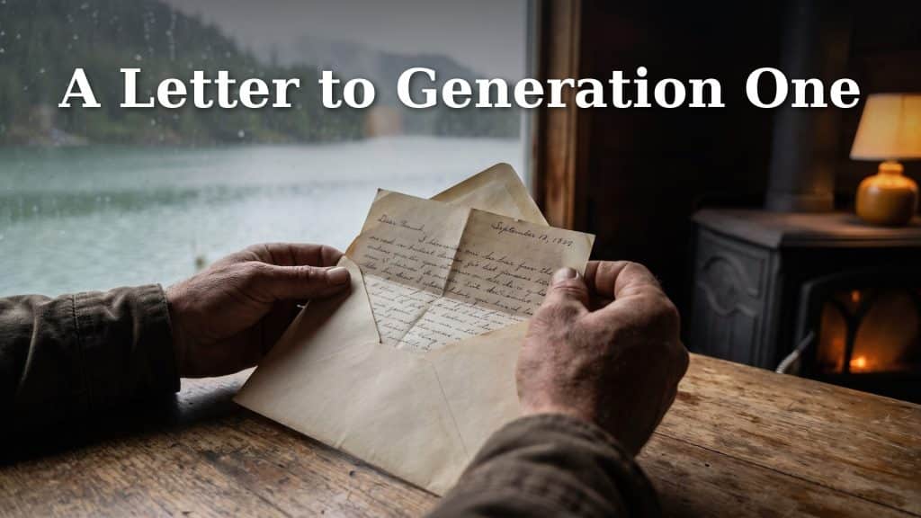 A person opens a handwritten letter marked “Letter to Generation One” by a lakeside window in a cozy cabin. The text “A Letter to Generation One” is overlaid at the top of the image.