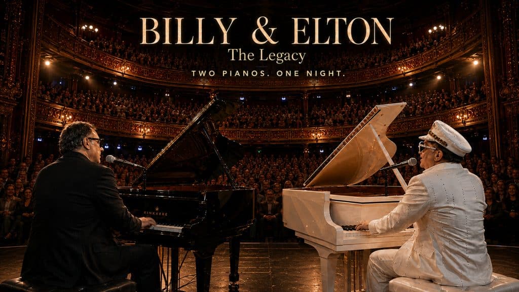 Two musicians play black and white grand pianos on a theater stage before a large audience, with the text “BILLY & ELTON: The Legacy. Two Pianos. One Night.” displayed above them, celebrating the timeless music of Billy & Elton.