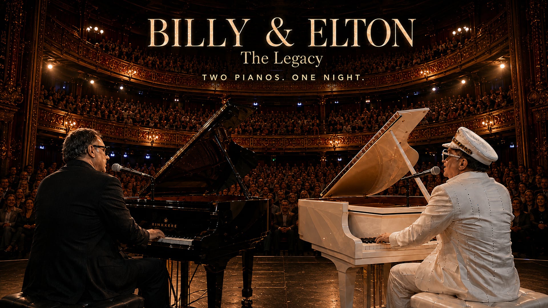 Two musicians play black and white grand pianos on a theater stage before a large audience, with the text “BILLY & ELTON: The Legacy. Two Pianos. One Night.” displayed above them, celebrating the timeless music of Billy & Elton.