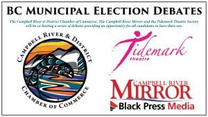 Banner for BC Municipal Election All Candidates Debate featuring logos for Campbell River & District Chamber of Commerce, Tidemark Theatre, Campbell River Mirror / Black Press Media, and the Strathcona Regional District.
