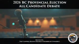 A microphone in focus on stage with empty seats behind. Text reads “2026 BC Provincial Election All Candidates Debate. Hosted by The Campbell River & District Chamber of Commerce.” Chamber logo bottom right.