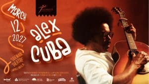 Concert poster for Alex Cuba at the Tidemark Theatre on March 12, 2027, featuring a photo of the artist playing an acoustic guitar.