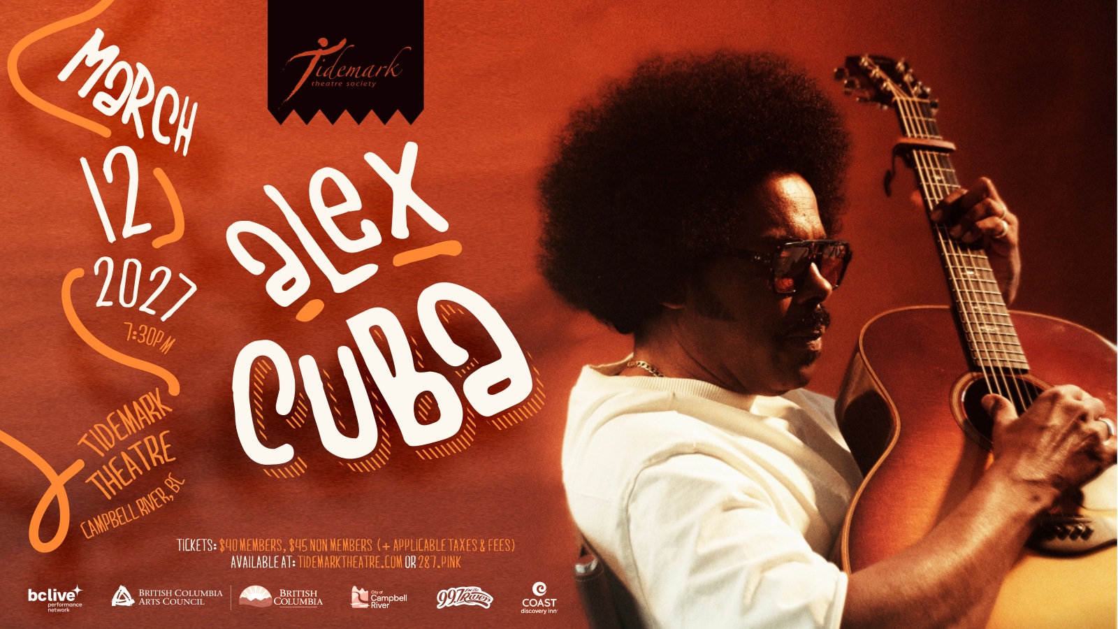 Concert poster for Alex Cuba at the Tidemark Theatre on March 12, 2027, featuring a photo of the artist playing an acoustic guitar.