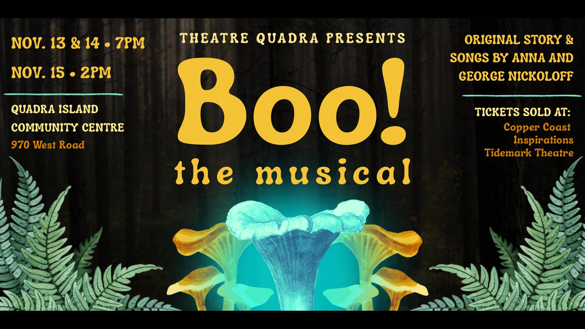 Poster for the “Boo!” musical presented by Theatre Quadra at the Quadra Island Community Centre, with showtimes on November 13, 14, and 15, and ticket information.