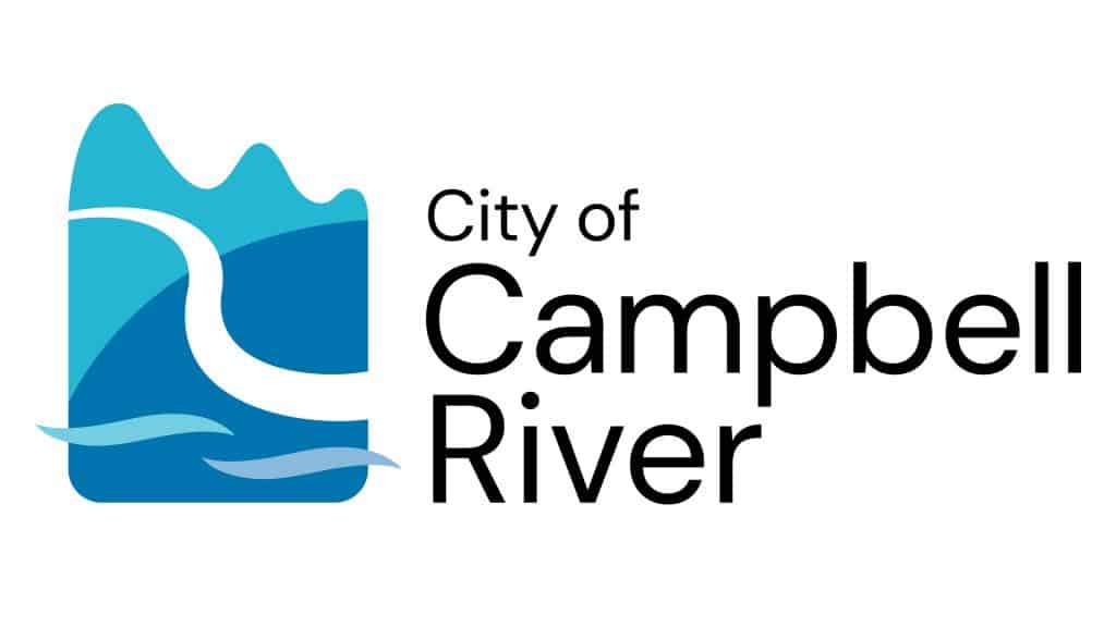 City of Campbell River logo featuring a stylized blue graphic of waves and a river next to the city name, displayed during the inaugural council meeting.