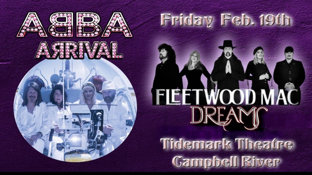 Event poster for an ABBA and Fleetwood Mac tribute concert at Tidemark Theatre in Campbell River on Friday, February 19th.