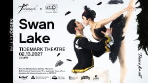 Event poster for a Ballet Jörgen performance of Swan Lake at Tidemark Theatre on February 13, 2027, featuring a male and female ballet dancer in costume.