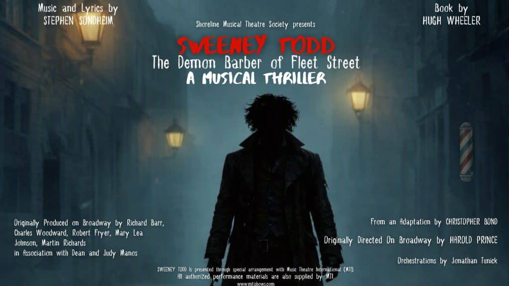 Poster for a Shoreline Musical Theatre Society production of Sweeney Todd, featuring a silhouetted demon barber standing in a foggy street with a barber pole, listing the creative team and production credits.