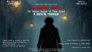 Poster for a Shoreline Musical Theatre Society production of Sweeney Todd, featuring a silhouetted demon barber standing in a foggy street with a barber pole, listing the creative team and production credits.