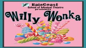 Poster for the Raincoast School of Musical Theatre production of Willy Wonka, featuring a colorful assortment of candy.